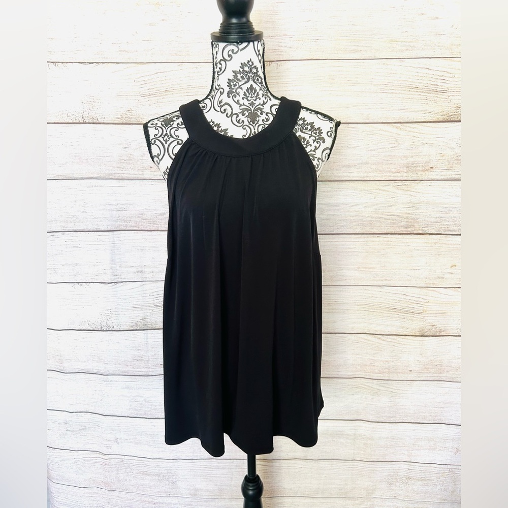 Lane Bryant Women’s Plus Black High Neck Pleated Keyhole Back Sleeveless Top